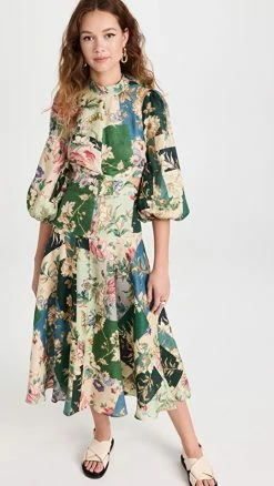 Best Pirce ???? Alemais Loretta Patchwork Midi ???? Dress Sage Floral ????