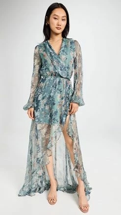 Buy ???? CAROLINE CONSTAS Vivian Gown Slate Ombre Floral ????