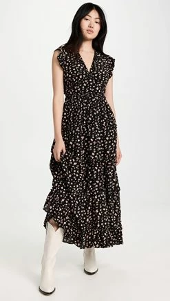 Outlet ???? English Factory Floral Ruffle Detail Long ???? Dress Black Multi ????