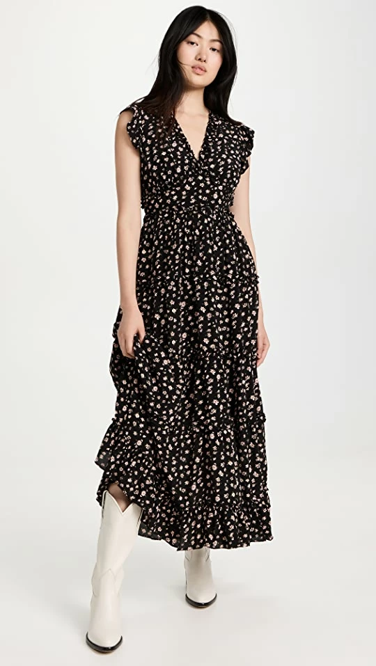 Outlet ???? English Factory Floral Ruffle Detail Long ???? Dress Black Multi ???? 1 Outlet ???? English Factory Floral Ruffle Detail Long ???? Dress Black Multi ????