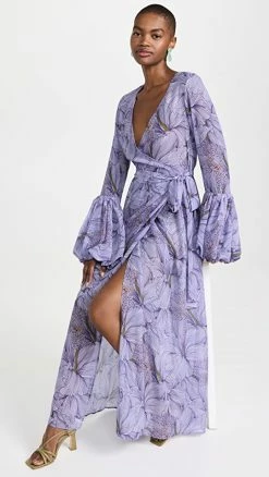 Best Pirce ✨ Fe Noel Puff Sleeve Wrap ???? Dress Hibiscus Print Lilac Multi ✨