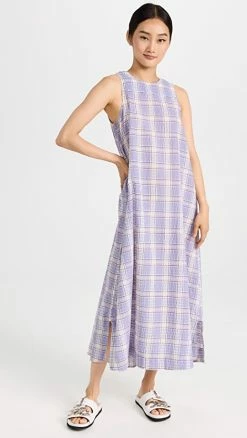 New ???? GANNI Seersucker Check Maxi ???? Dress Check Persian Violet ????