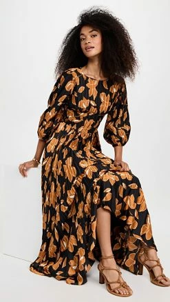 Top 10 ???? Jonathan Simkhai Ames Collage Floral Print Three Quarter Sleeve Midi ???? Dress Black Print ????