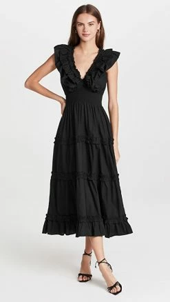 Promo ???? Love The Label Black Poplin V Neck Ruffle Midi ???? Dress ????