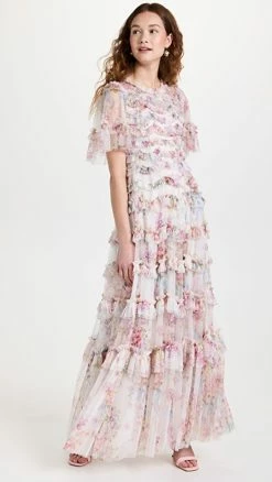 Cheapest ???? Needle & Thread Floral Wonder Ruffle Gown Moonshine ????