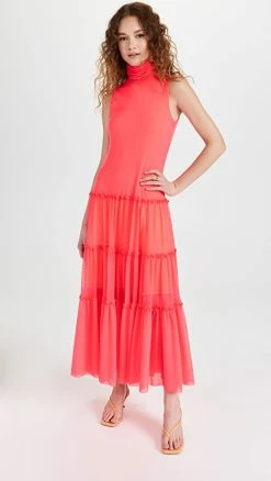 Cheapest ???? Prabal Gurung Sleeveless Turtleneck Tiered ???? Dress Neon Melon ????