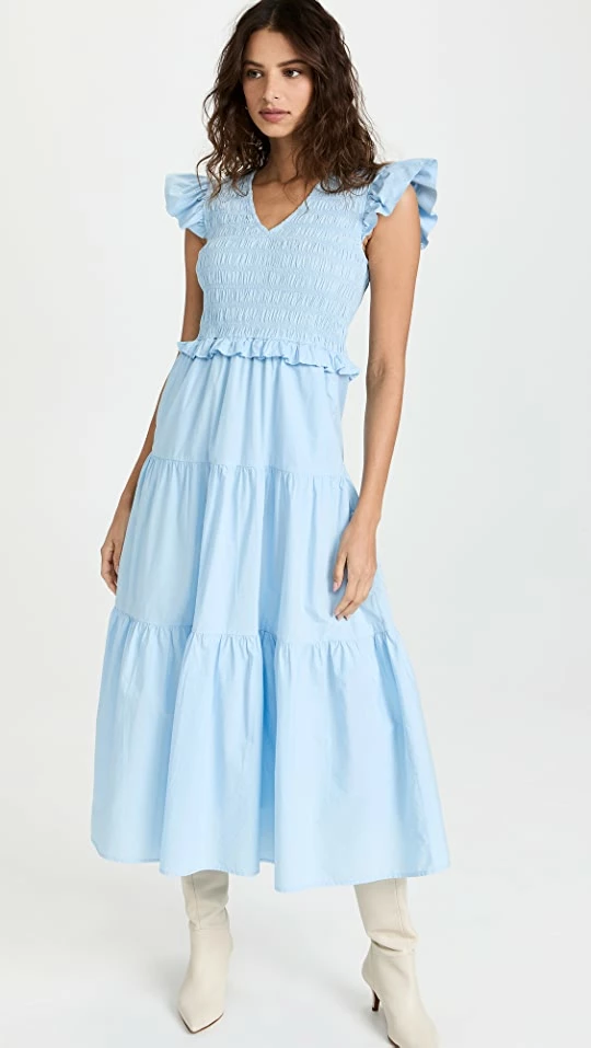 Hot Sale ???? Sea Smocked Tiered Midi ???? Dress Blue ???? 1 Hot Sale ???? Sea Smocked Tiered Midi ???? Dress Blue ????