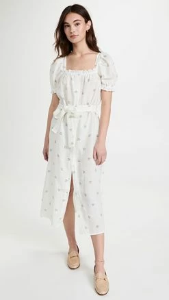 Discount ???? Sleeper Brigitte Midi Linen ???? Dress In Bouquets White/Green ????