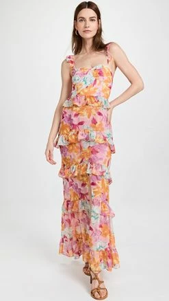 Cheap ✔️ WAYF With Love Tiered Maxi ???? Dress Pink Hibiscus ????