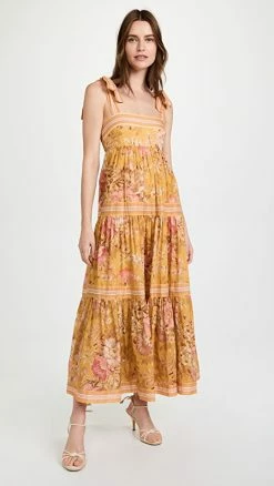 Outlet ???? Zimmermann Pattie Tie Shoulder ???? Dress Mustard Floral ????