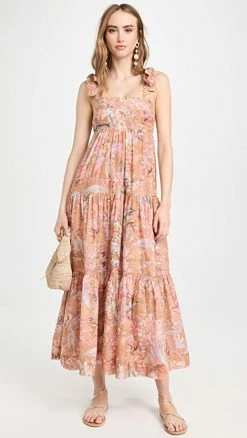 Budget ???? Zimmermann Cira Tie Shoulder Midi ???? Dress Mocha Multi Floral ⭐